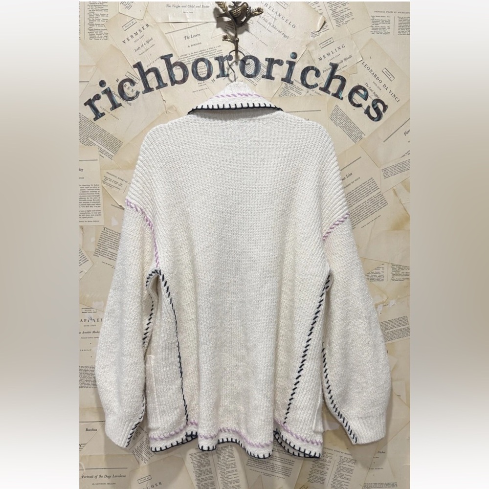 Anthropologie Maeve Collared Whipstitch Open Cardigan Sweater Pockets Ivory - Picture 6 of 6